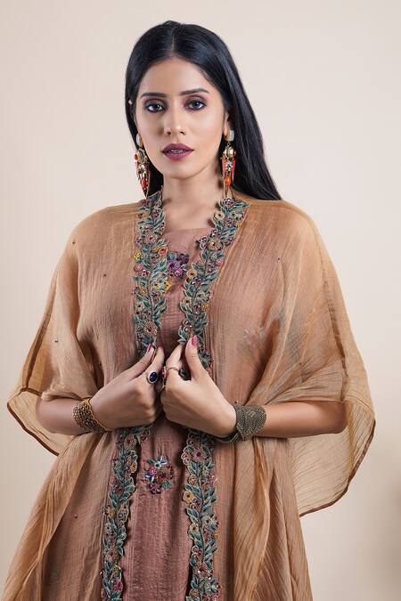 Bhusattva Beige Dress Organic Silk Embroidery Floral Stripe Pattern With Cape at Aza Fashions Bhusattva_Beige Dress Organic Silk Embroidery Floral Stripe Pattern With Cape _at_Aza_Fashions