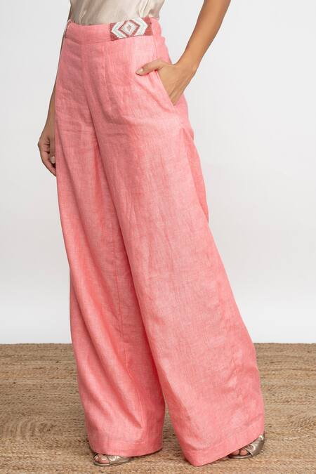 Amrta By Guneet Kondal Coral Viscose, Linen Beads Cowl Neck Pasabagi Top And Flared Hem Pant Set at Aza Fashions Amrta By Guneet Kondal_Coral Viscose, Linen Beads Cowl Neck Pasabagi Top And Flared Hem Pant Set_at_Aza_Fashions