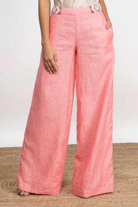 Buy Amrta By Guneet Kondal Coral Viscose, Linen Beads Cowl Neck Pasabagi Top And Flared Hem Pant Set Buy_Amrta By Guneet Kondal_Coral Viscose, Linen Beads Cowl Neck Pasabagi Top And Flared Hem Pant Set
