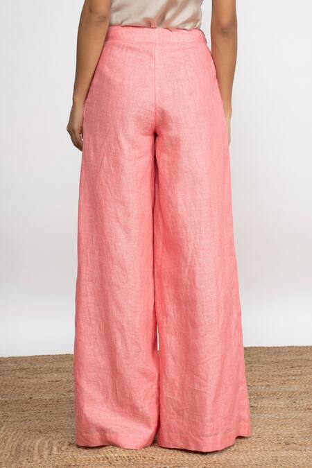 Shop Amrta By Guneet Kondal Coral Viscose, Linen Beads Cowl Neck Pasabagi Top And Flared Hem Pant Set Shop_Amrta By Guneet Kondal_Coral Viscose, Linen Beads Cowl Neck Pasabagi Top And Flared Hem Pant Set