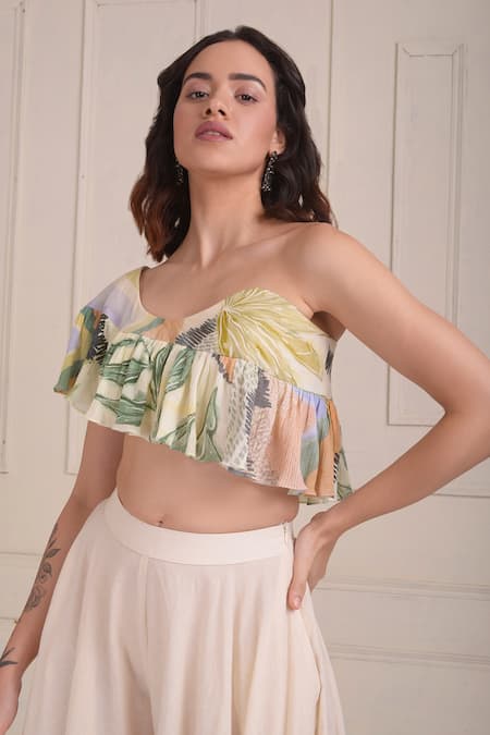 Buy_Shwetanga_Ivory Cotton One Shoulder Placement Print Organic Lehenga Set _Online_at_Aza_Fashions