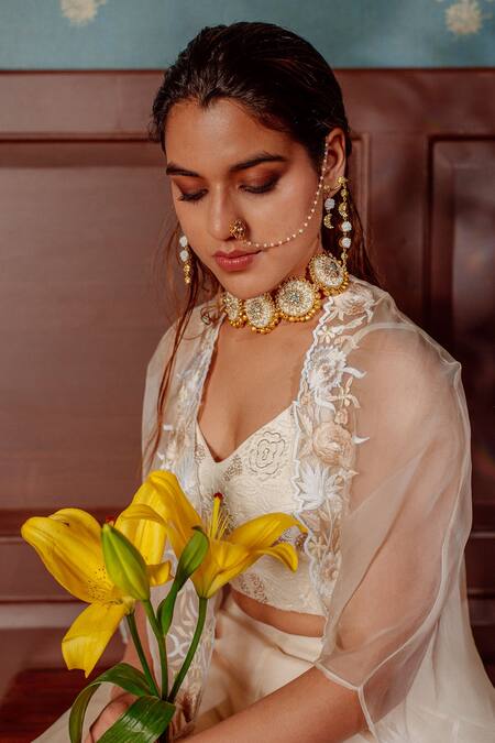 Shop_LAHARIO_Ivory , Organza Pearls, Sequins, Diamonds Embroidered Blouse Jacket Set _Online_at_Aza_Fashions