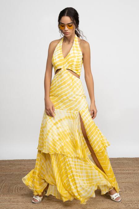 Amrta By Guneet Kondal Yellow Georgette, Viscose Halter Neck Tie Dye Maxi Dress Online at Aza Fashions Amrta By Guneet Kondal_Yellow Georgette, Viscose Halter Neck Tie Dye Maxi Dress _Online_at_Aza_Fashions