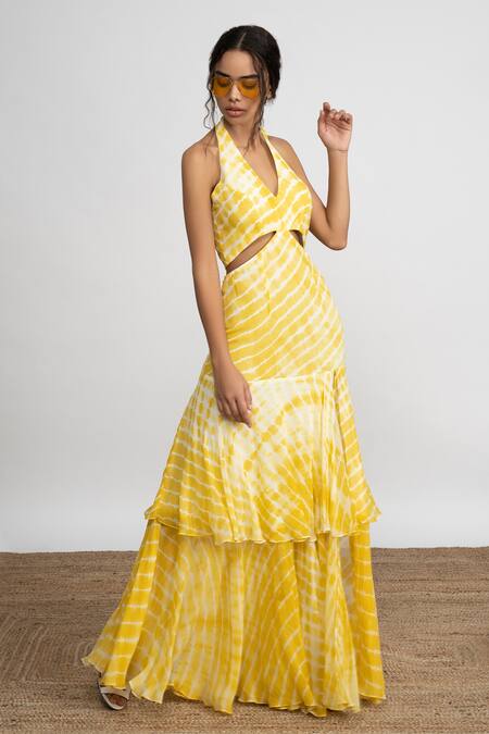 Buy Amrta By Guneet Kondal Yellow Georgette, Viscose Halter Neck Tie Dye Maxi Dress Online at Aza Fashions Buy_Amrta By Guneet Kondal_Yellow Georgette, Viscose Halter Neck Tie Dye Maxi Dress _Online_at_Aza_Fashions