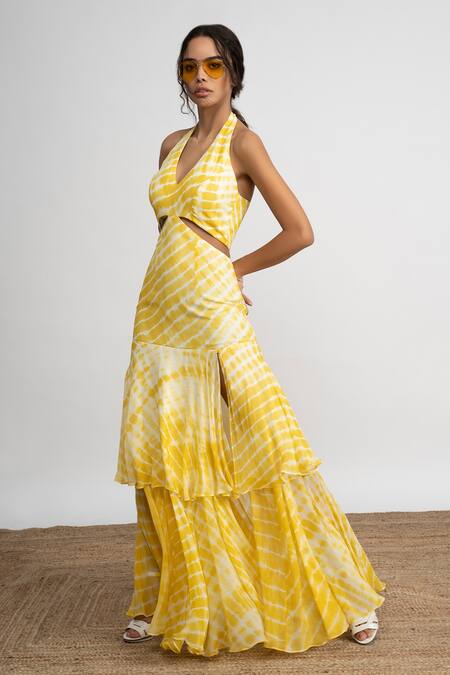 Shop Amrta By Guneet Kondal Yellow Georgette, Viscose Halter Neck Tie Dye Maxi Dress Online at Aza Fashions Shop_Amrta By Guneet Kondal_Yellow Georgette, Viscose Halter Neck Tie Dye Maxi Dress _Online_at_Aza_Fashions