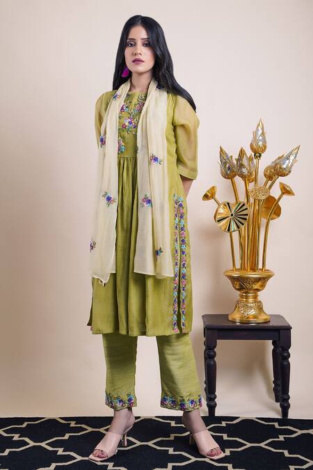 Bhusattva Green Cotton, Organza, Silk Embroidery Boat Neck Yoke Kurta Set Online at Aza Fashions Bhusattva_Green Cotton, Organza, Silk Embroidery Boat Neck Yoke Kurta Set _Online_at_Aza_Fashions