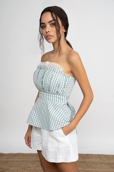 Buy_Amrta By Guneet Kondal_Blue Cotton, Linen Lace Square Capri Coast Checkered Pattern Top And Short Set_Online_at_Aza_Fashions