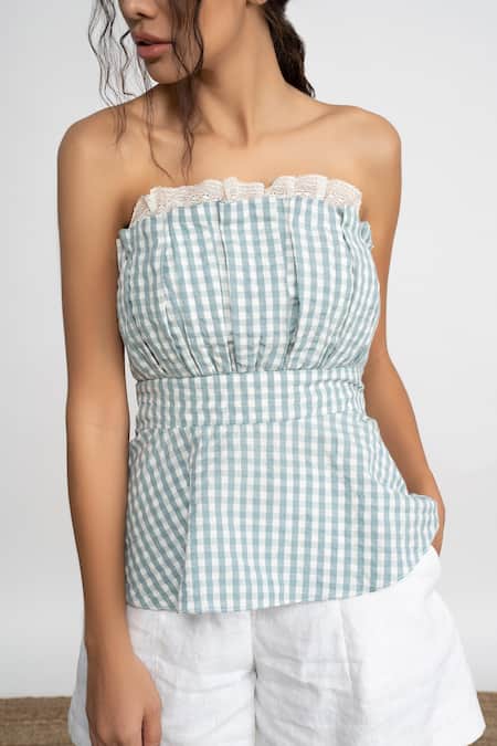 Shop_Amrta By Guneet Kondal_Blue Cotton, Linen Lace Square Capri Coast Checkered Pattern Top And Short Set_Online_at_Aza_Fashions