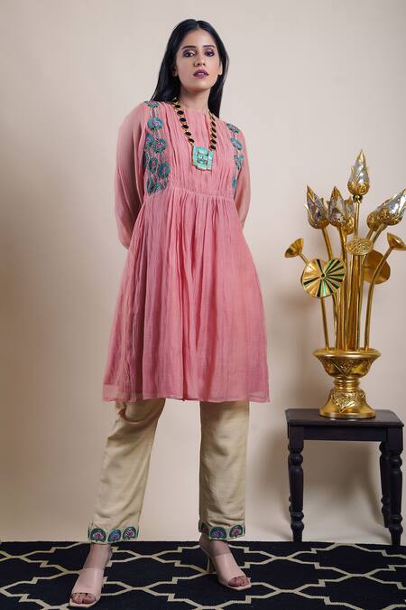 Bhusattva Pink Cotton, Silk Embroidery Round Neck Floral Top And Pant Set Online at Aza Fashions Bhusattva_Pink Cotton, Silk Embroidery Round Neck Floral Top And Pant Set _Online_at_Aza_Fashions