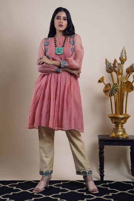 Shop Bhusattva Pink Cotton, Silk Embroidery Round Neck Floral Top And Pant Set Online at Aza Fashions Shop_Bhusattva_Pink Cotton, Silk Embroidery Round Neck Floral Top And Pant Set _Online_at_Aza_Fashions