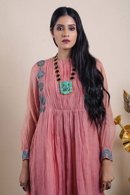 Bhusattva Pink Cotton, Silk Embroidery Round Neck Floral Top And Pant Set at Aza Fashions Bhusattva_Pink Cotton, Silk Embroidery Round Neck Floral Top And Pant Set _at_Aza_Fashions