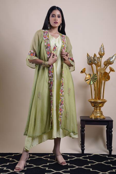 Bhusattva Green Dress Organic Silk Embroidery Floral Asymmetric With Shrug Online at Aza Fashions Bhusattva_Green Dress Organic Silk Embroidery Floral Asymmetric With Shrug _Online_at_Aza_Fashions