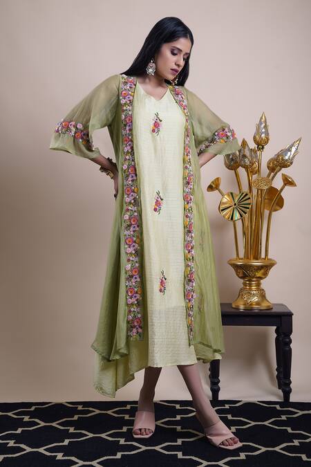 Buy Bhusattva Green Dress Organic Silk Embroidery Floral Asymmetric With Shrug Online at Aza Fashions Buy_Bhusattva_Green Dress Organic Silk Embroidery Floral Asymmetric With Shrug _Online_at_Aza_Fashions