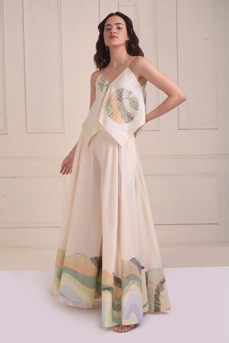 Shwetanga_Ivory Cotton V-neck Placement Print Organic Sharara Set _Online_at_Aza_Fashions