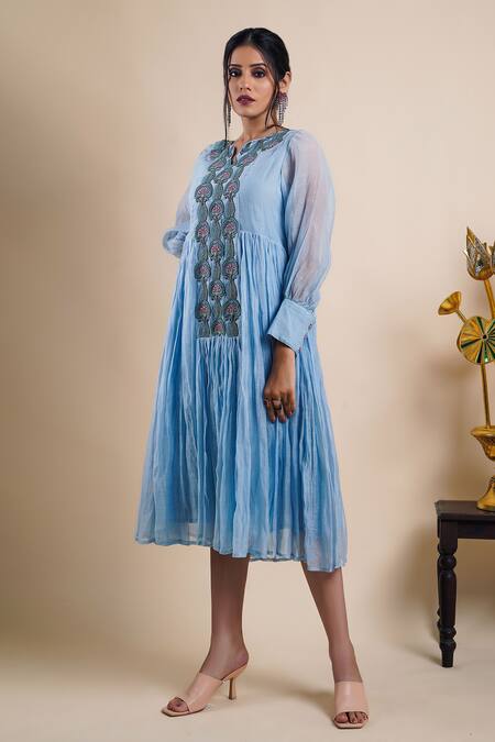 Bhusattva Blue Organic Cotton Silk Embroidery Sequin Notched Placket Dress Online at Aza Fashions Bhusattva_Blue Organic Cotton Silk Embroidery Sequin Notched Placket Dress _Online_at_Aza_Fashions