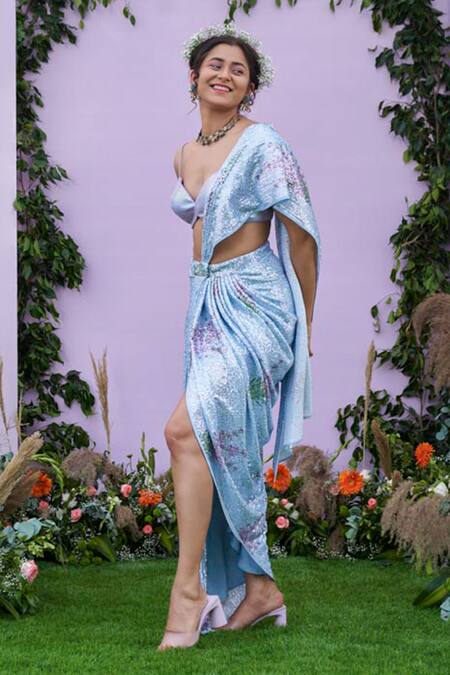 Pooja Bagaria_Blue Spandex, Polyurethane Sequins Pre-draped Embellished Saree And Blouse Set_Online_at_Aza_Fashions