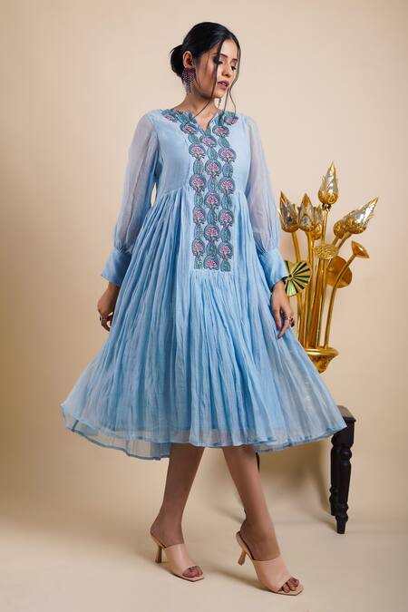 Buy Bhusattva Blue Organic Cotton Silk Embroidery Sequin Notched Placket Dress Online at Aza Fashions Buy_Bhusattva_Blue Organic Cotton Silk Embroidery Sequin Notched Placket Dress _Online_at_Aza_Fashions