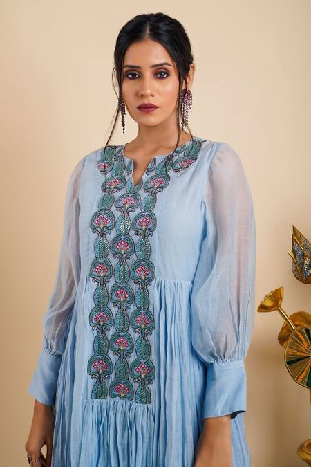 Shop Bhusattva Blue Organic Cotton Silk Embroidery Sequin Notched Placket Dress Online at Aza Fashions Shop_Bhusattva_Blue Organic Cotton Silk Embroidery Sequin Notched Placket Dress _Online_at_Aza_Fashions