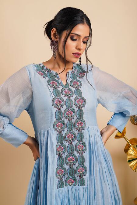 Bhusattva Blue Organic Cotton Silk Embroidery Sequin Notched Placket Dress at Aza Fashions Bhusattva_Blue Organic Cotton Silk Embroidery Sequin Notched Placket Dress _at_Aza_Fashions