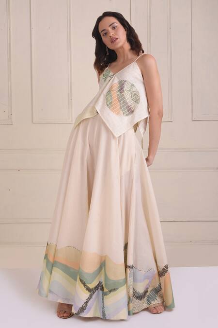 Buy_Shwetanga_Ivory Cotton V-neck Placement Print Organic Sharara Set _Online_at_Aza_Fashions