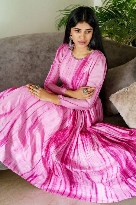Cupid Cotton Pink Silk, Cotton Embroidery Round Neck Tie Dye Pattern Anarkali Set Online at Aza Fashions Cupid Cotton_Pink Silk, Cotton Embroidery Round Neck Tie Dye Pattern Anarkali Set _Online_at_Aza_Fashions