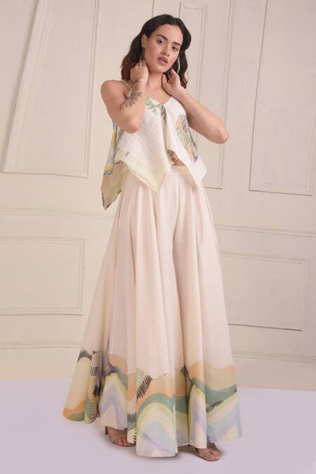 Shop_Shwetanga_Ivory Cotton V-neck Placement Print Organic Sharara Set _Online_at_Aza_Fashions