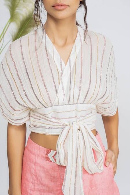 Shop_Amrta By Guneet Kondal_Ivory Cotton, Linen Beads V-neck Embroidered Crop Top And Shorts Set_Online_at_Aza_Fashions