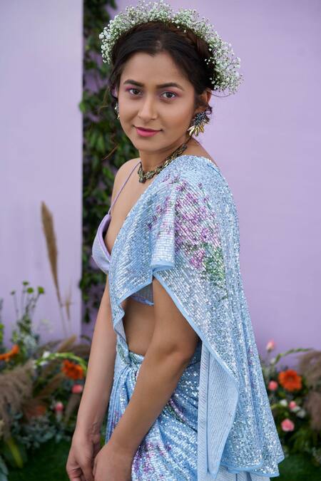 Shop_Pooja Bagaria_Blue Spandex, Polyurethane Sequins Pre-draped Embellished Saree And Blouse Set_Online_at_Aza_Fashions