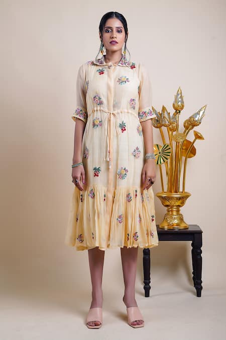 Shop Bhusattva Cream Shrug Organic Sheer Cotton Silk Embroidery Floral Dress With Online at Aza Fashions Shop_Bhusattva_Cream Shrug Organic Sheer Cotton Silk Embroidery Floral Dress With _Online_at_Aza_Fashions