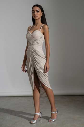 Amrta By Guneet Kondal_Pink Georgette, Viscose Rhinestones Sweetheart Neck Draped Midi Dress_Online_at_Aza_Fashions