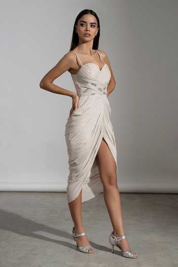 Buy_Amrta By Guneet Kondal_Pink Georgette, Viscose Rhinestones Sweetheart Neck Draped Midi Dress_Online_at_Aza_Fashions