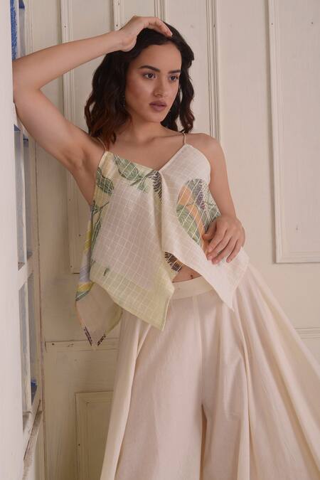 Shwetanga_Ivory Cotton V-neck Placement Print Organic Sharara Set _at_Aza_Fashions