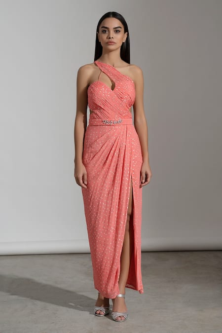Amrta By Guneet Kondal_Coral Viscose, Georgette Crystals One Shoulder Bahamas Gown_Online_at_Aza_Fashions