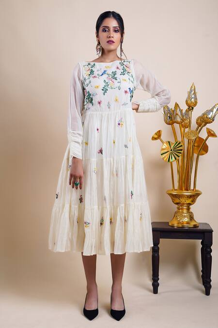 Bhusattva White Organic Cotton Silk Embroidery Sequin Boat Neck Tiered Dress Online at Aza Fashions Bhusattva_White Organic Cotton Silk Embroidery Sequin Boat Neck Tiered Dress _Online_at_Aza_Fashions