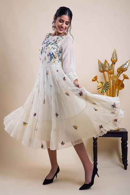 Buy Bhusattva White Organic Cotton Silk Embroidery Sequin Boat Neck Tiered Dress Online at Aza Fashions Buy_Bhusattva_White Organic Cotton Silk Embroidery Sequin Boat Neck Tiered Dress _Online_at_Aza_Fashions