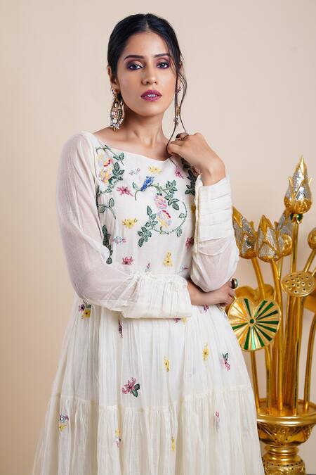 Shop Bhusattva White Organic Cotton Silk Embroidery Sequin Boat Neck Tiered Dress Online at Aza Fashions Shop_Bhusattva_White Organic Cotton Silk Embroidery Sequin Boat Neck Tiered Dress _Online_at_Aza_Fashions