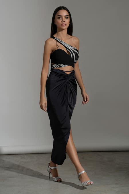 Shop Amrta By Guneet Kondal Black Viscose Sequins Asymmetric Embellished Top And Skirt Set Online at Aza Fashions Shop_Amrta By Guneet Kondal_Black Viscose Sequins Asymmetric Embellished Top And Skirt Set _Online_at_Aza_Fashions