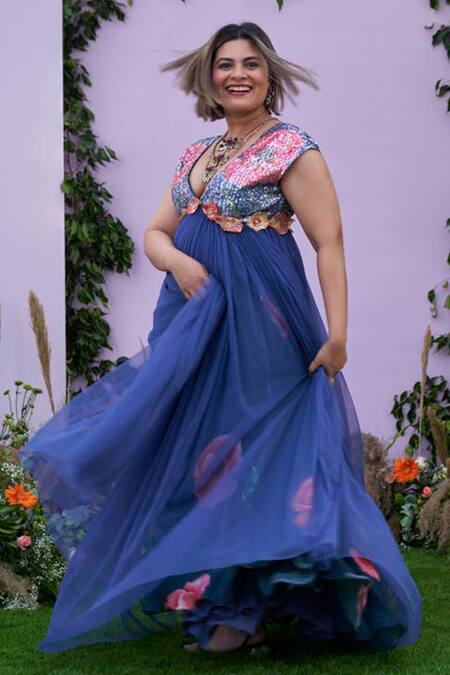 Shop Pooja Bagaria Blue Net, Spandex Embroidery V-neck Sequin Embellished Yoke Gown Online at Aza Fashions Shop_Pooja Bagaria_Blue Net, Spandex Embroidery V-neck Sequin Embellished Yoke Gown_Online_at_Aza_Fashions