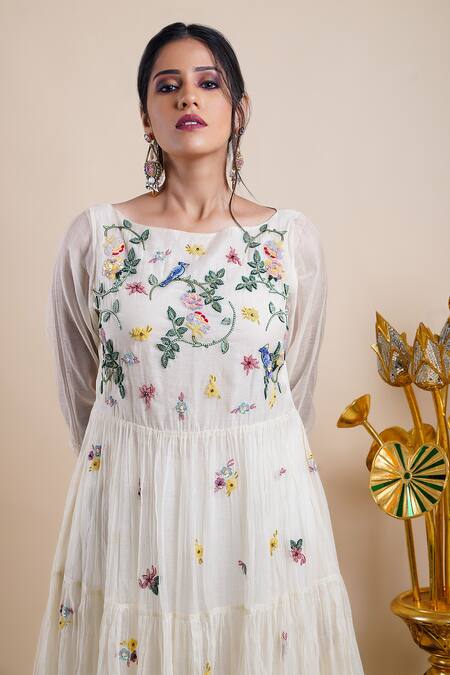 Bhusattva White Organic Cotton Silk Embroidery Sequin Boat Neck Tiered Dress at Aza Fashions Bhusattva_White Organic Cotton Silk Embroidery Sequin Boat Neck Tiered Dress _at_Aza_Fashions