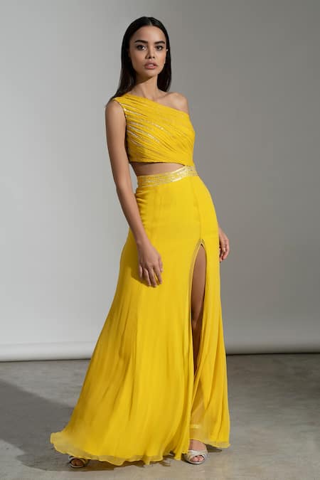 Amrta By Guneet Kondal Yellow Georgette, Viscose Beads Asymmetric Hand Gown Online at Aza Fashions Amrta By Guneet Kondal_Yellow Georgette, Viscose Beads Asymmetric Hand Gown _Online_at_Aza_Fashions