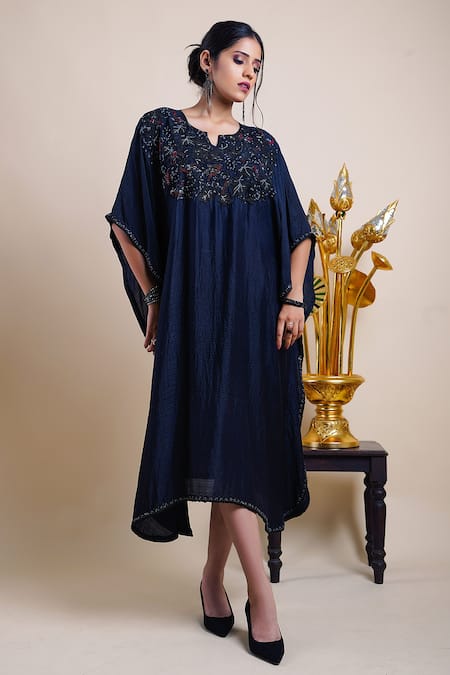 Bhusattva Black Organic Silk Embroidery Bead Notched Yoke Kaftan Online at Aza Fashions Bhusattva_Black Organic Silk Embroidery Bead Notched Yoke Kaftan _Online_at_Aza_Fashions