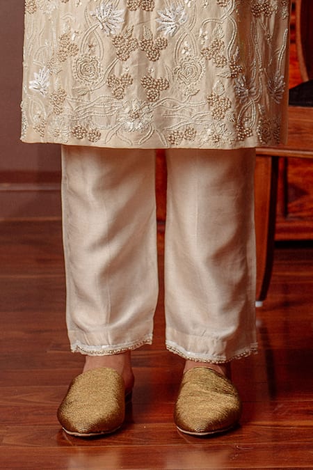 LAHARIO_Ivory , Organza Pearls, Sequins Round Neck Embellished Kurta Pant Set _Online_at_Aza_Fashions