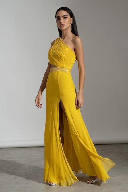 Buy Amrta By Guneet Kondal Yellow Georgette, Viscose Beads Asymmetric Hand Gown Online at Aza Fashions Buy_Amrta By Guneet Kondal_Yellow Georgette, Viscose Beads Asymmetric Hand Gown _Online_at_Aza_Fashions