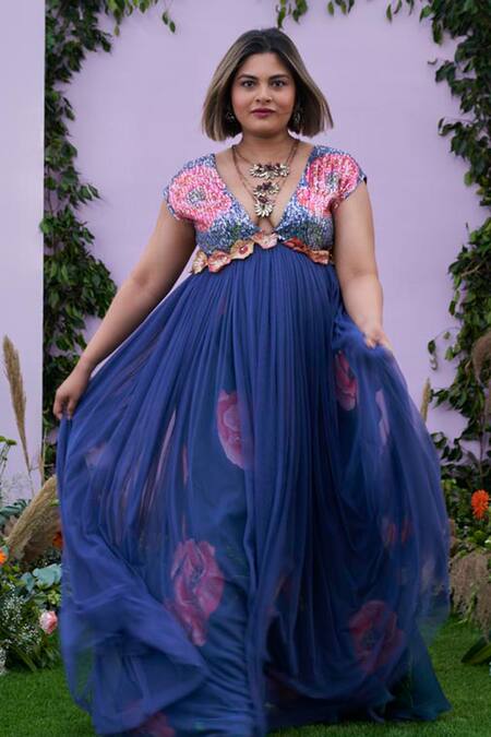 Pooja Bagaria Blue Net, Spandex Embroidery V-neck Sequin Embellished Yoke Gown at Aza Fashions Pooja Bagaria_Blue Net, Spandex Embroidery V-neck Sequin Embellished Yoke Gown_at_Aza_Fashions