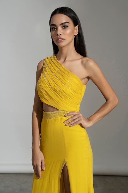 Shop Amrta By Guneet Kondal Yellow Georgette, Viscose Beads Asymmetric Hand Gown Online at Aza Fashions Shop_Amrta By Guneet Kondal_Yellow Georgette, Viscose Beads Asymmetric Hand Gown _Online_at_Aza_Fashions