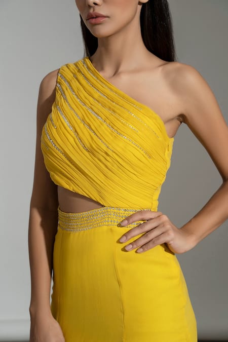 Amrta By Guneet Kondal Yellow Georgette, Viscose Beads Asymmetric Hand Gown at Aza Fashions Amrta By Guneet Kondal_Yellow Georgette, Viscose Beads Asymmetric Hand Gown _at_Aza_Fashions
