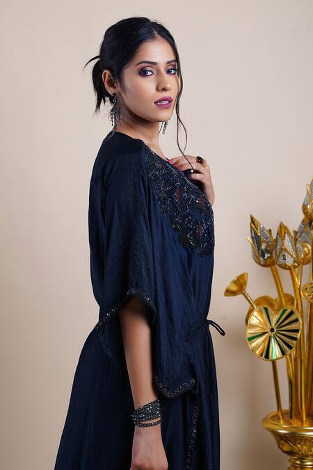 Buy Bhusattva Black Organic Silk Embroidery Bead Notched Yoke Kaftan Online at Aza Fashions Buy_Bhusattva_Black Organic Silk Embroidery Bead Notched Yoke Kaftan _Online_at_Aza_Fashions