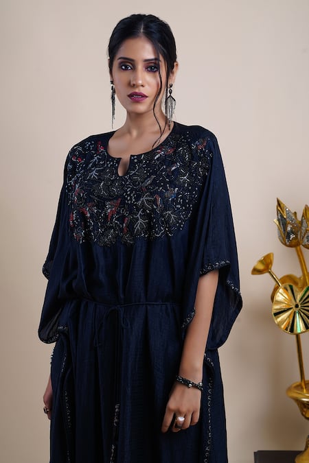 Shop Bhusattva Black Organic Silk Embroidery Bead Notched Yoke Kaftan Online at Aza Fashions Shop_Bhusattva_Black Organic Silk Embroidery Bead Notched Yoke Kaftan _Online_at_Aza_Fashions