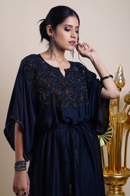 Bhusattva Black Organic Silk Embroidery Bead Notched Yoke Kaftan at Aza Fashions Bhusattva_Black Organic Silk Embroidery Bead Notched Yoke Kaftan _at_Aza_Fashions