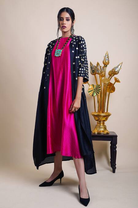 Buy Bhusattva Pink Organic Silk Embroidery Polka Dots Dress Crew A-line With Cape Online at Aza Fashions Buy_Bhusattva_Pink Organic Silk Embroidery Polka Dots Dress Crew A-line With Cape _Online_at_Aza_Fashions